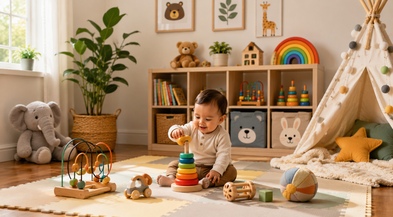 A cheerful baby plays with colorful toys on a soft mat in a bright, cozy room filled with natural light.