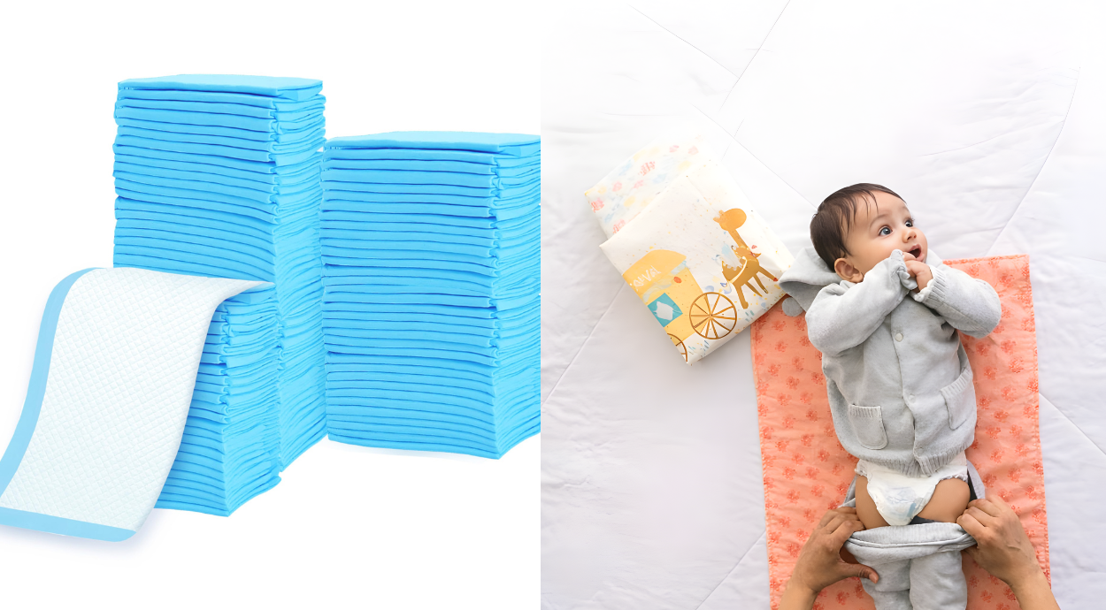 On the left, a neatly stacked pile of blue baby changing pads; on the right, a baby in gray outfit on a peach changing mat being changed, with a happy expression.