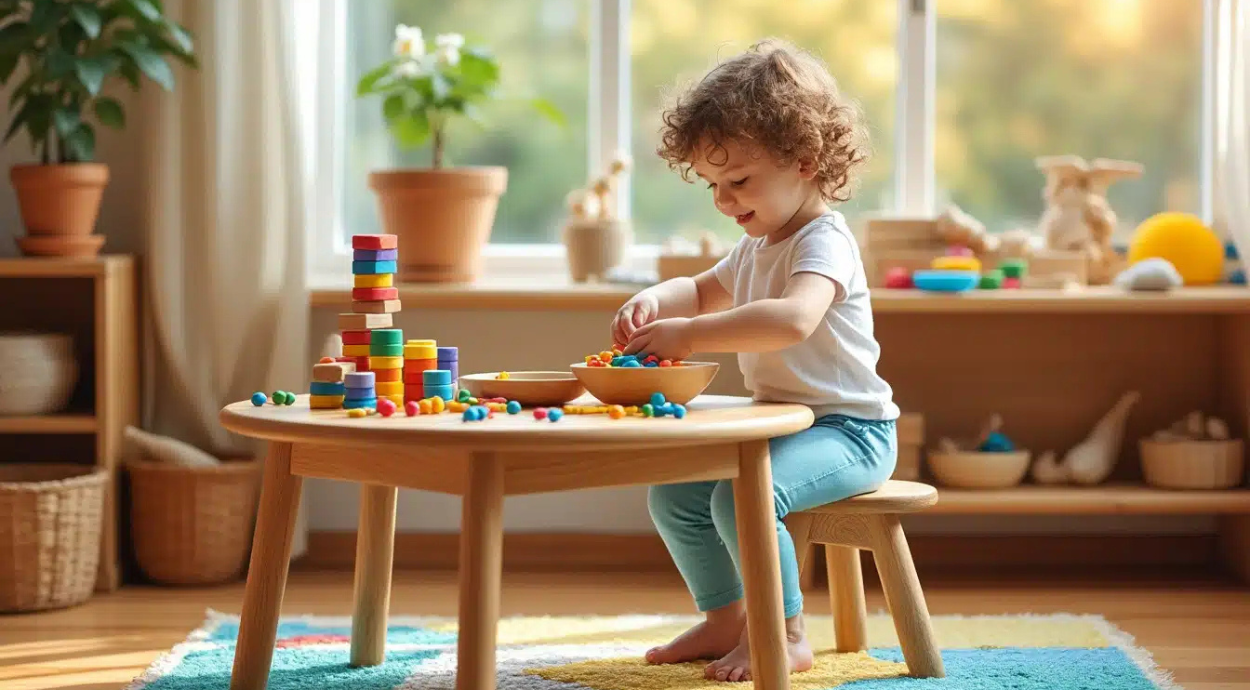 A child sits at a wooden table, focused on arranging colorful stacking toys and beads in a bright, cozy room filled with plants.