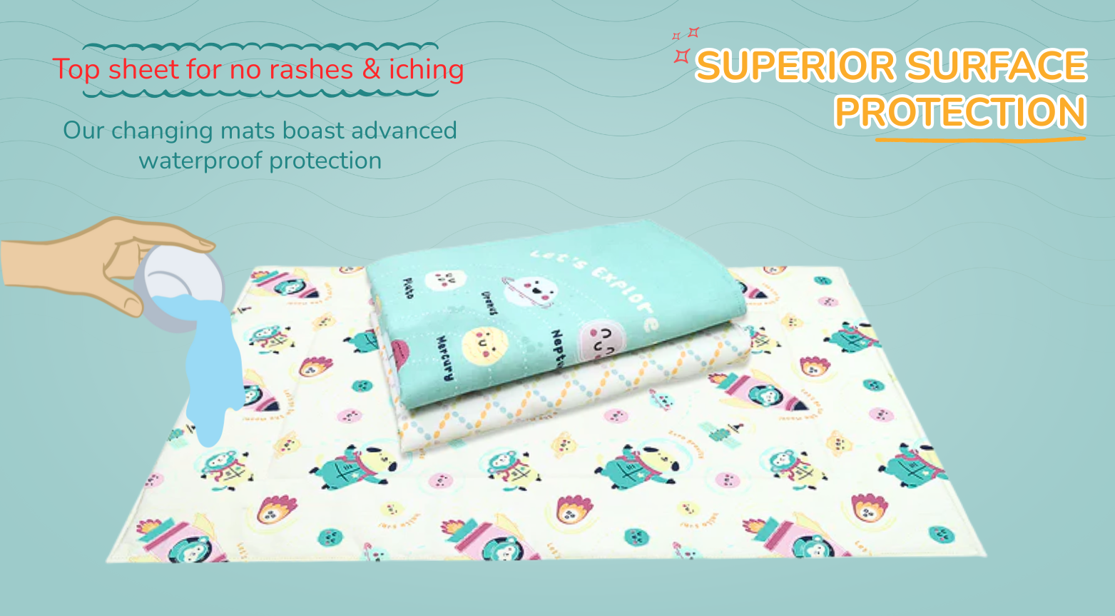 A hand pours blue liquid onto a colorful changing mat featuring playful patterns, emphasizing waterproof protection and comfort.