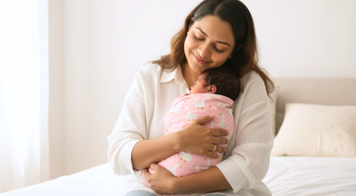 A woman in a white shirt gently holds a sleeping newborn wrapped in a pink swaddle with duck patterns, on a light-colored bed.