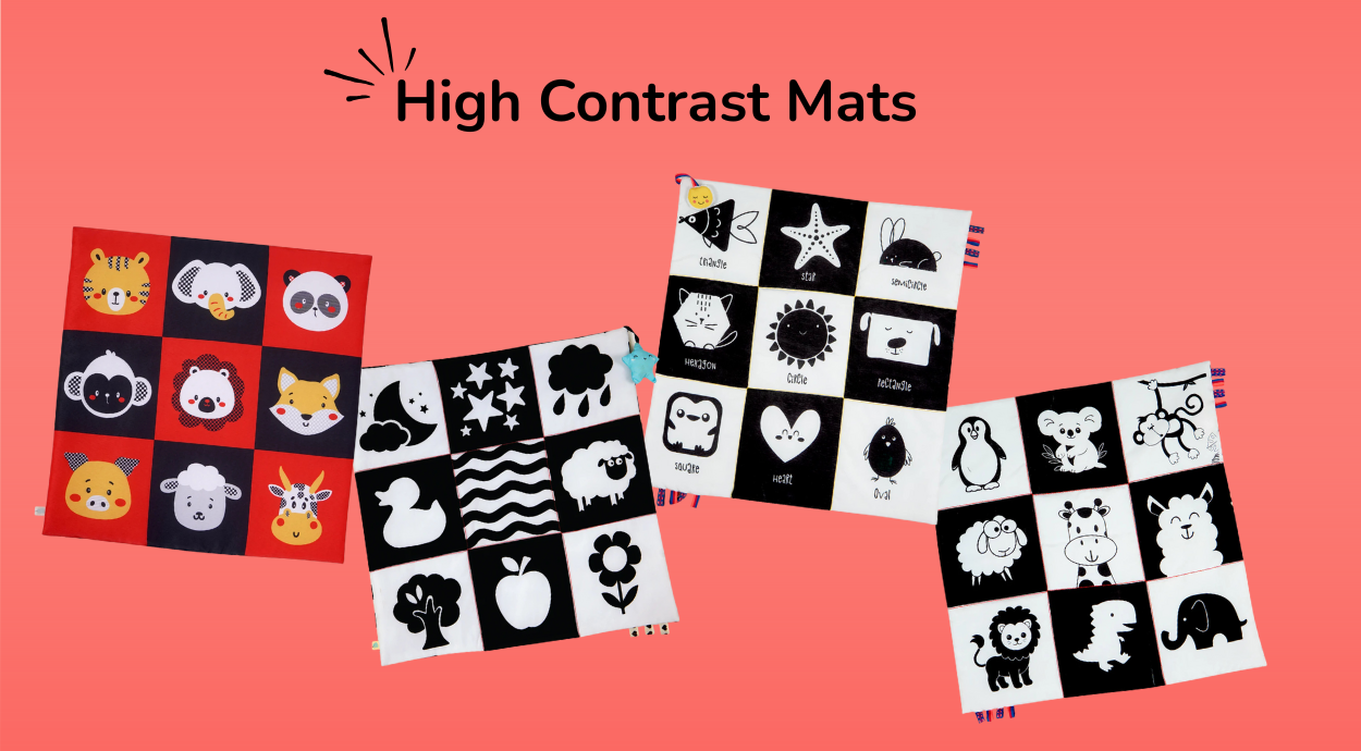 Three colorful high contrast mats featuring fun animal designs and shapes, designed to stimulate visual development in babies.