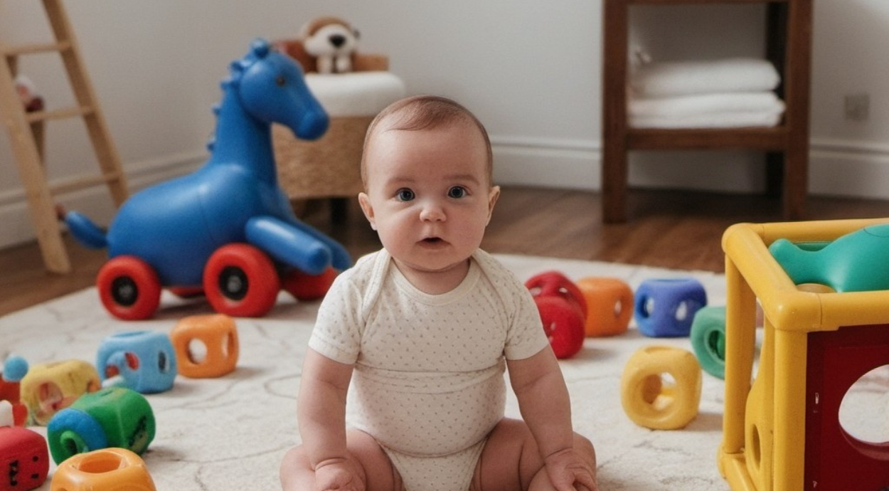 A baby sits on a plush carpet surrounded by colorful building blocks and toys, with a blue horse toy in the background.