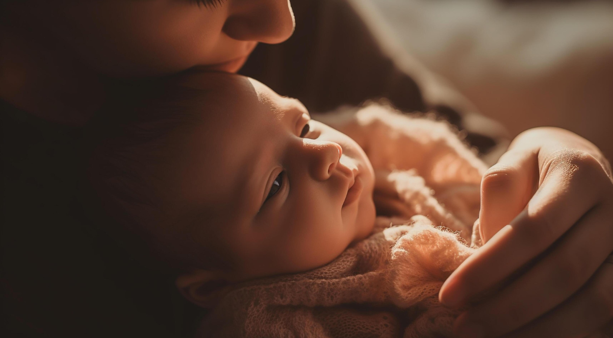 A mother gently holds her baby, bathed in warm, soft light. The mother's expression is tender and loving, conveying a peaceful, intimate moment.
