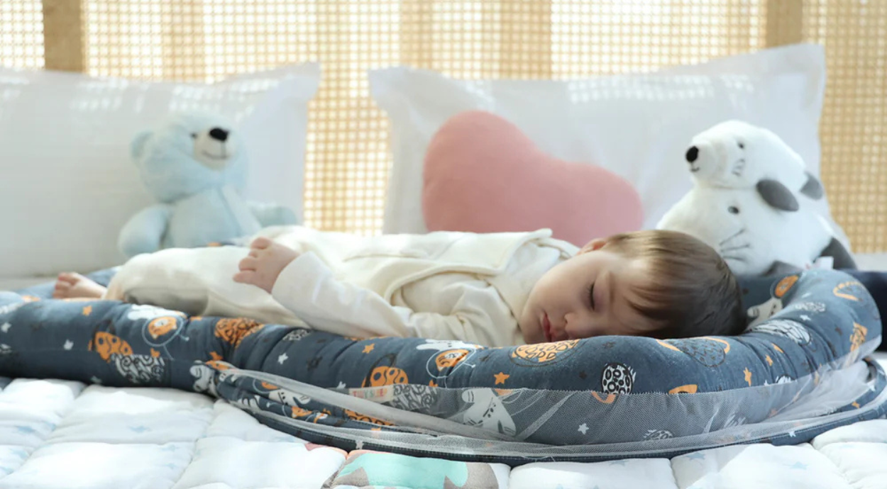 A baby is sleeping peacefully in gadda set with mosquito net