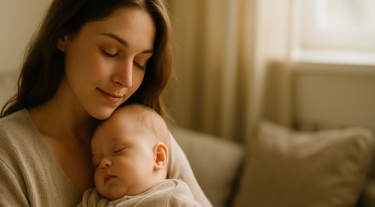 A serene woman cradles a sleeping baby in a softly lit room, both wrapped in cozy beige blankets. The scene conveys warmth and tenderness.