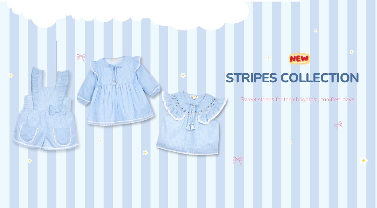 Three stylish striped outfits in blue for children, showcased against a pastel striped background. Text promotes the "Stripes Collection."