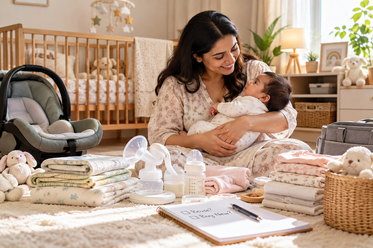 A mother holding her baby with the baby essentials