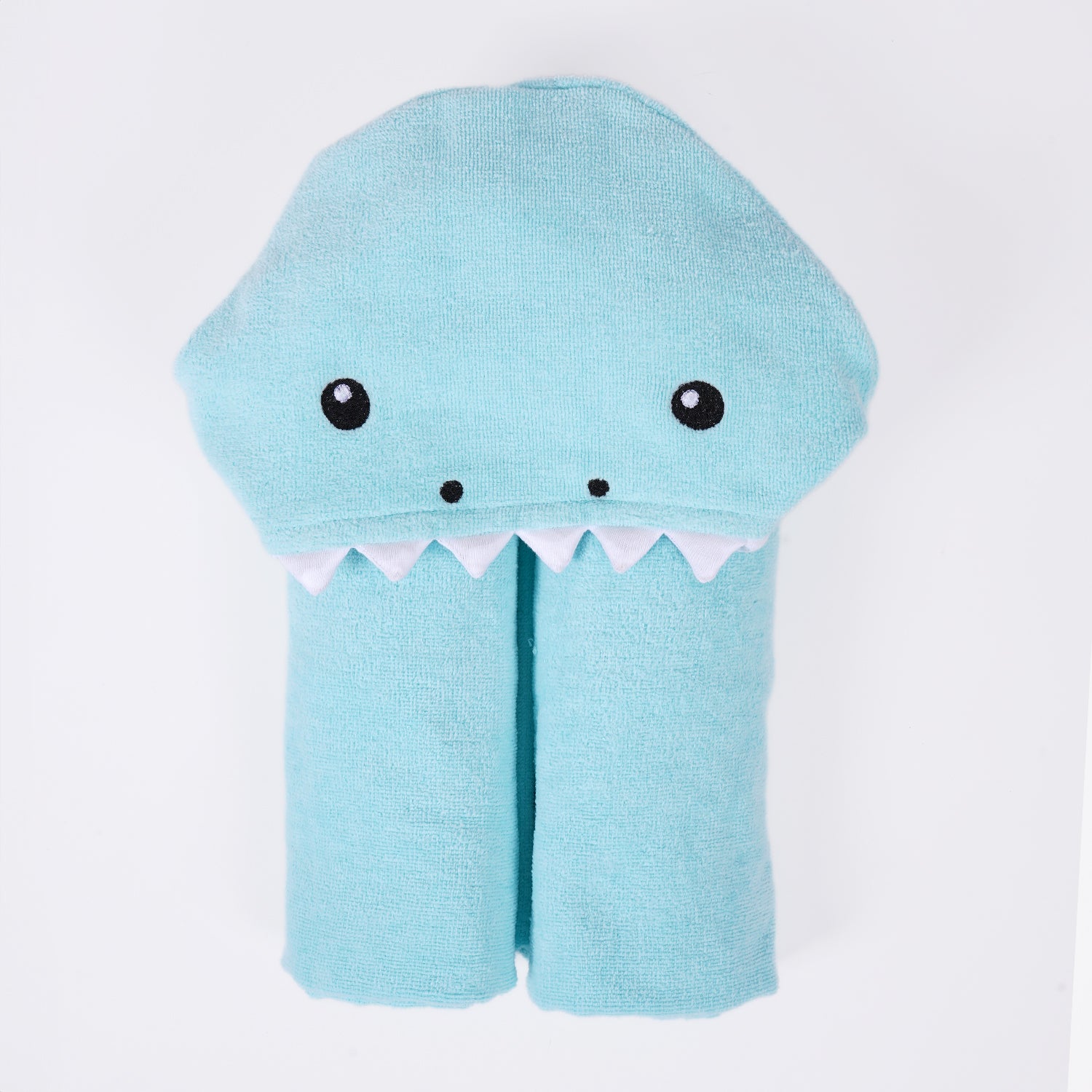 A blue hooded baby towel with a cute bear face embroidered on the hood.