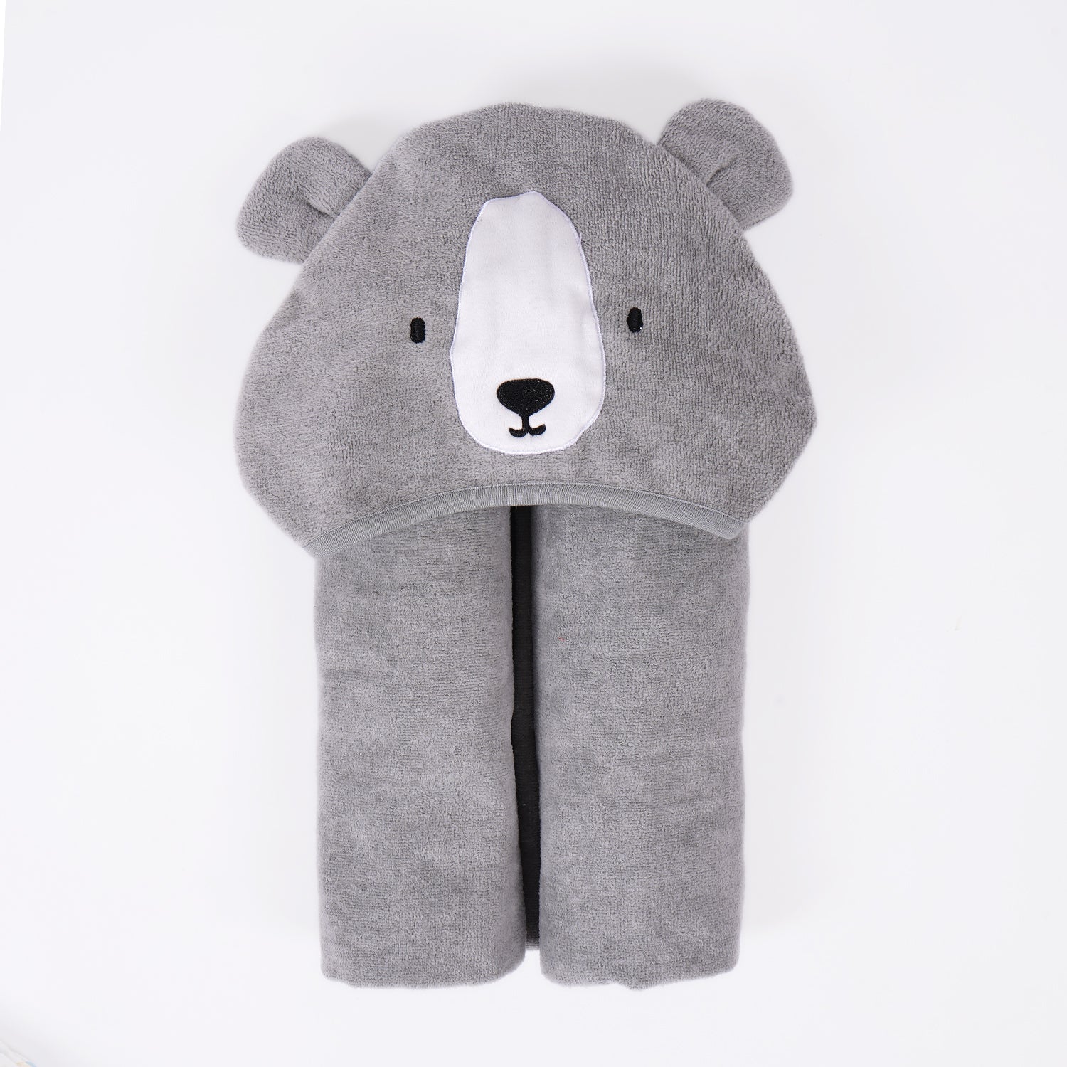 A gray hooded baby towel with a cute bear face embroidered on the hood.