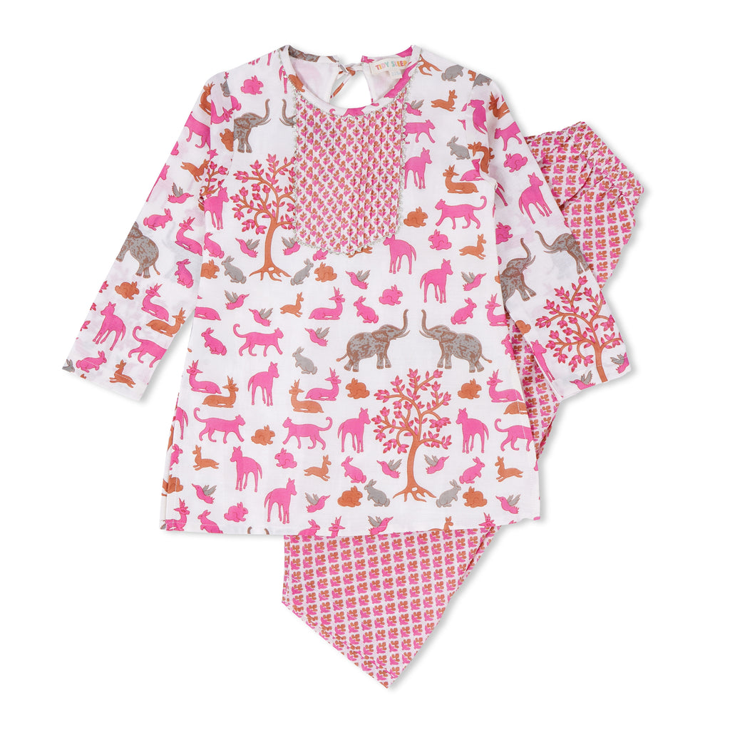 Animal Chanderi Pink Print | Kurta with Salwar Set| Festive Wear