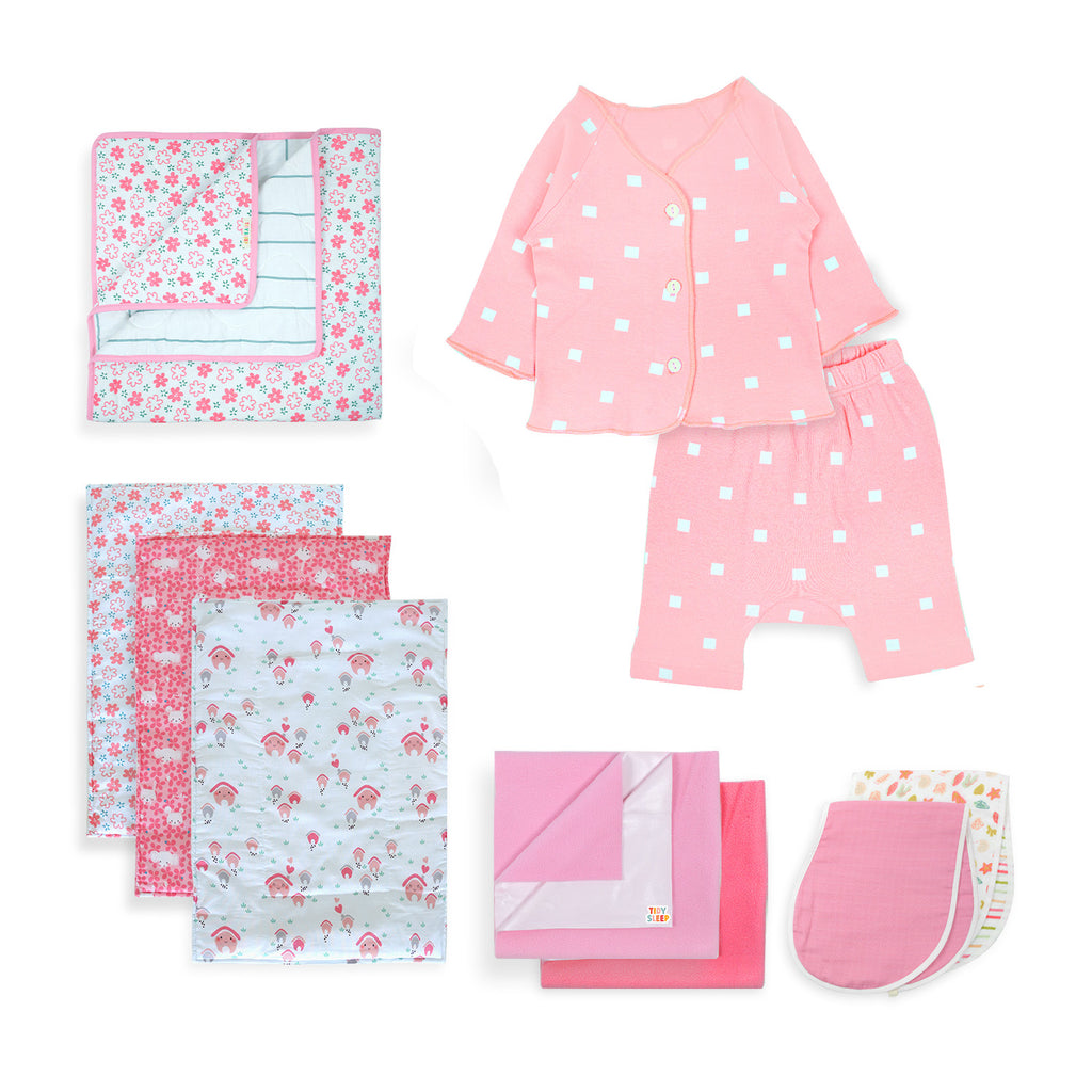 The Shells & Pink Bundle - Quilt + Changing Mats + Dry Sheet + Burp Cloth + Jhabla Set