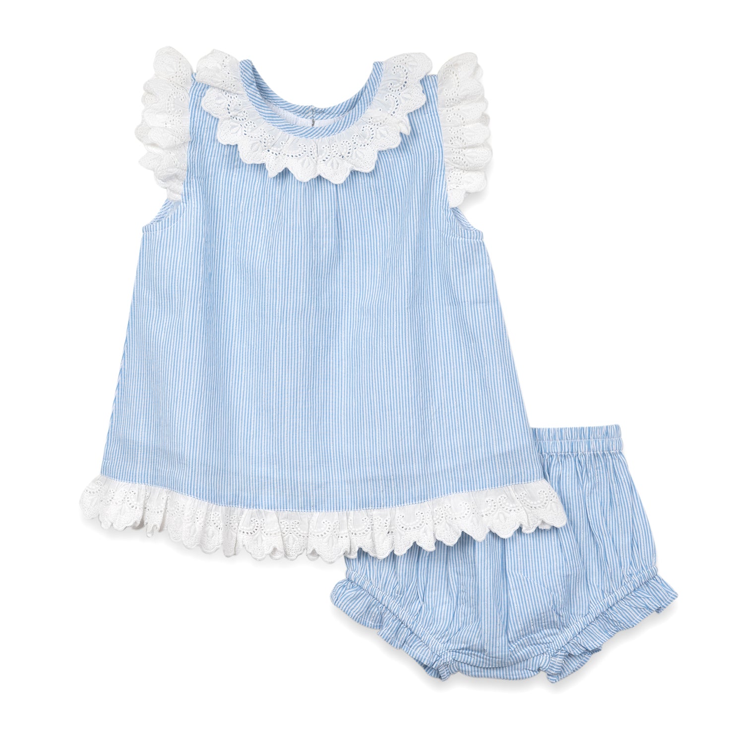 Light blue and white striped toddler outfit featuring a sleeveless top with a scalloped lace collar and matching shorts.