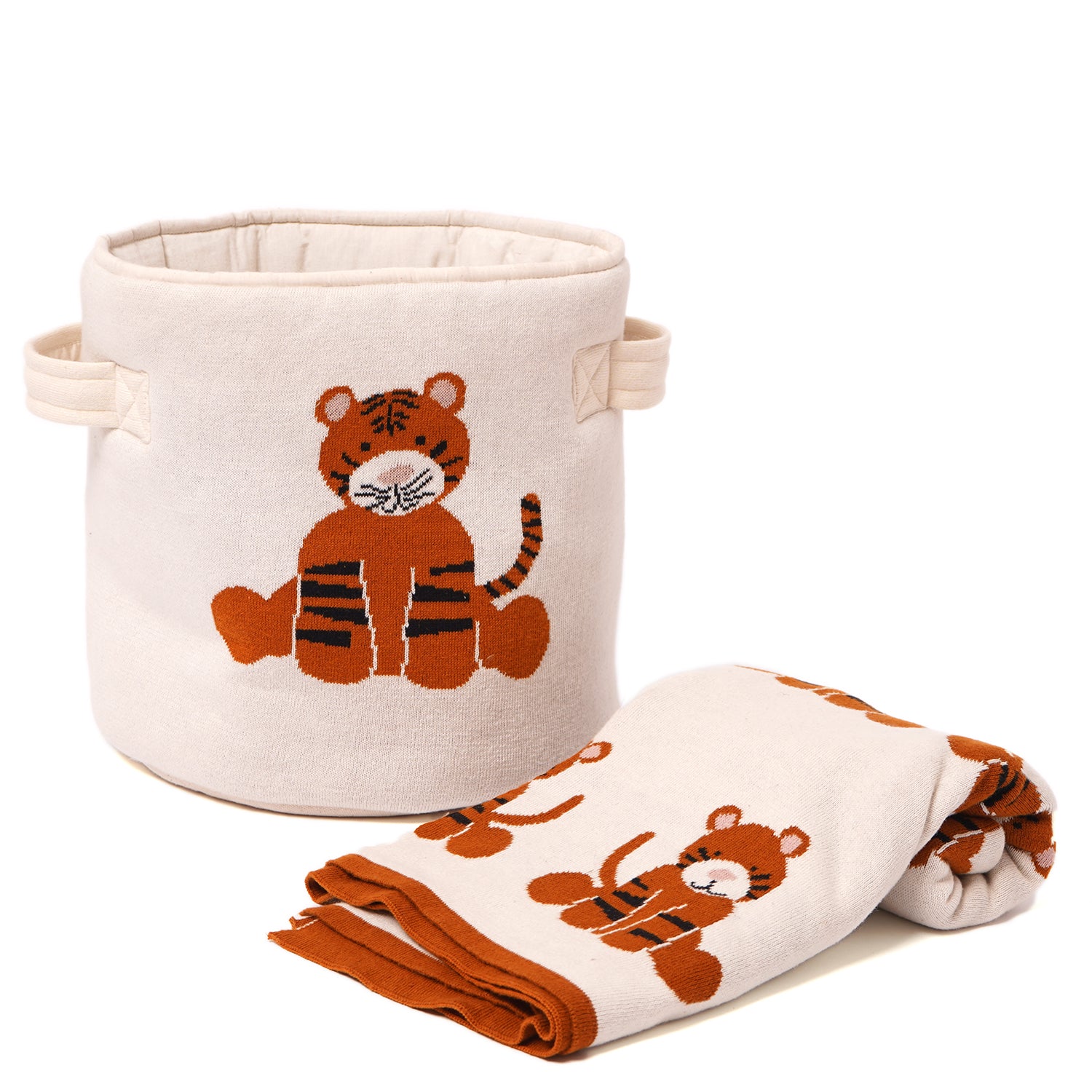 100% Cotton Knitted Storage Basket with Knitted Blanket Set-Tiger