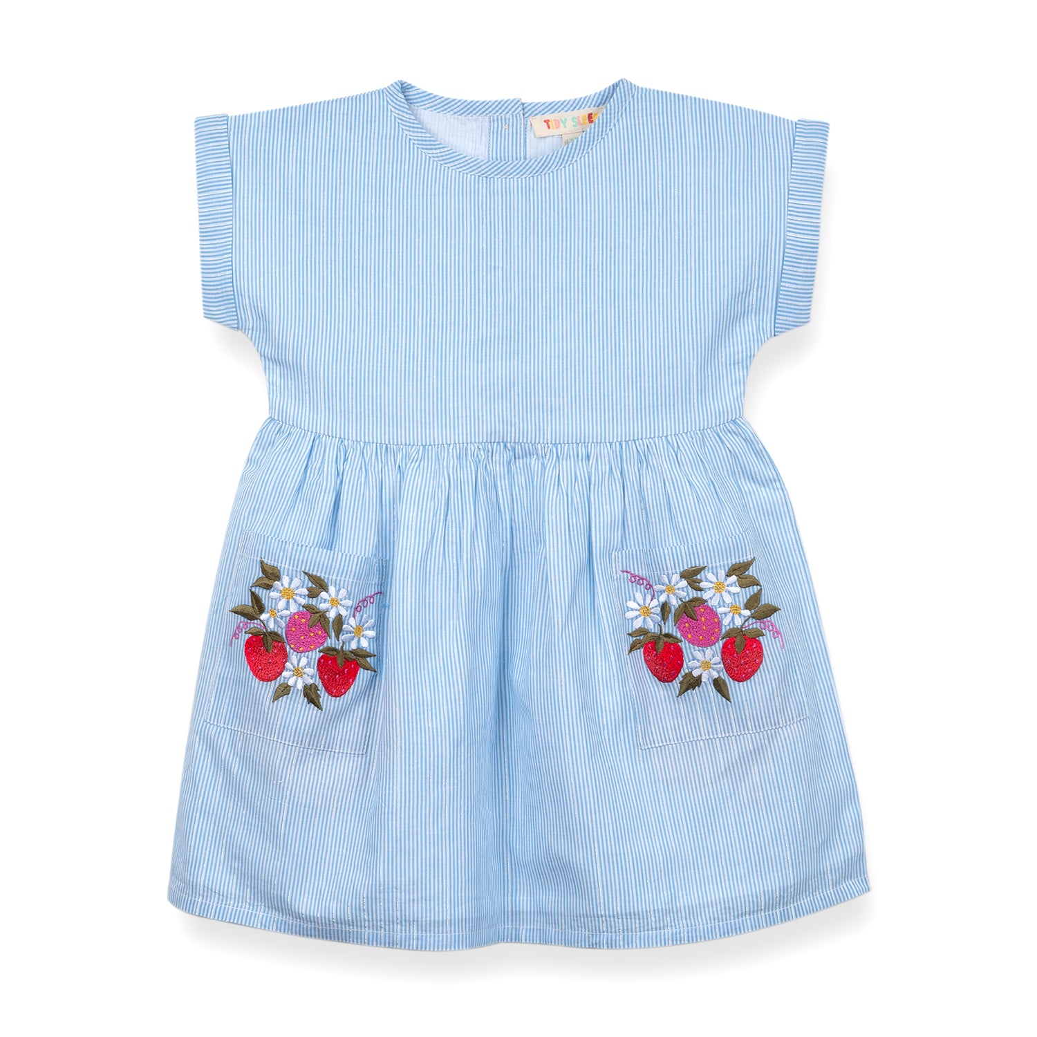 A blue striped toddler dress featuring floral and strawberry embroidery on two front pockets.
