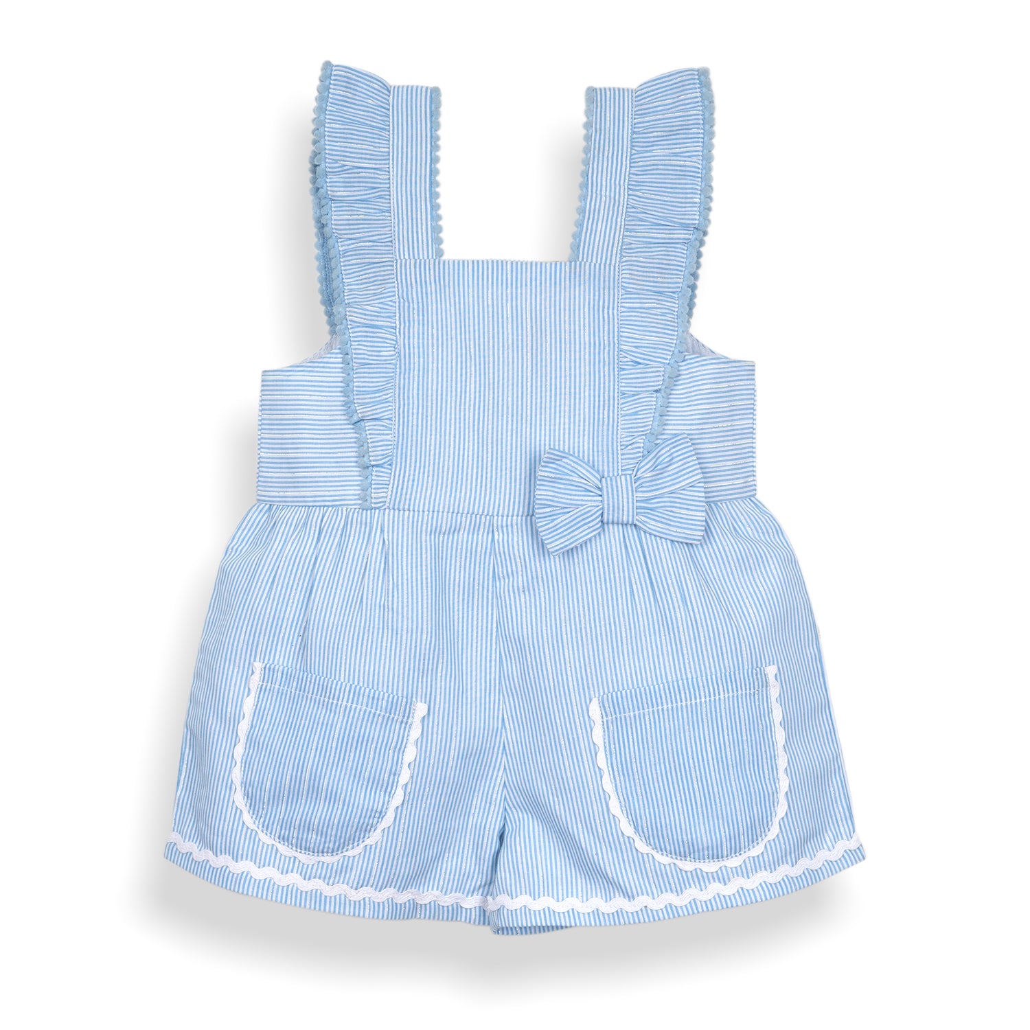 Light blue striped romper with frilly straps, two front pockets, and a decorative bow at the waist, perfect for warm weather wear.
