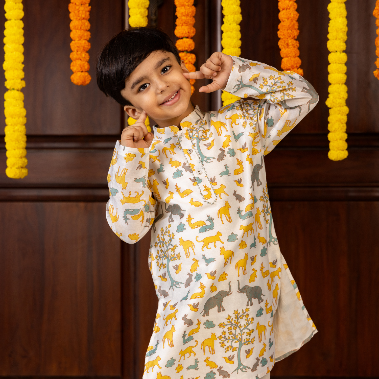 Animal Chanderi Print | Kurta with Pajama Set |Festive Wear