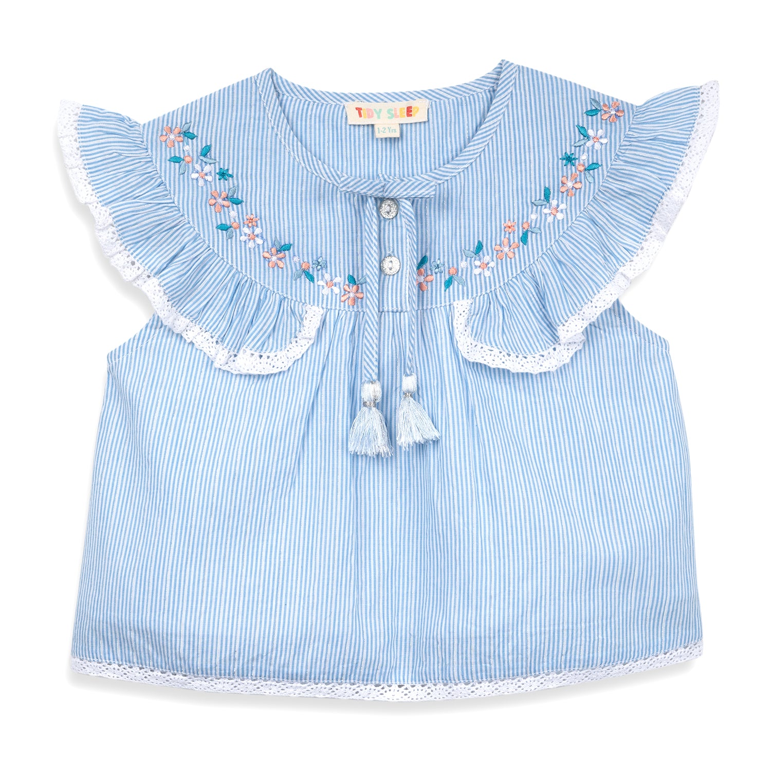 Light blue striped sleeveless top with floral embroidery, lace trim, and decorative tassels. Perfect for a cute summer outfit.