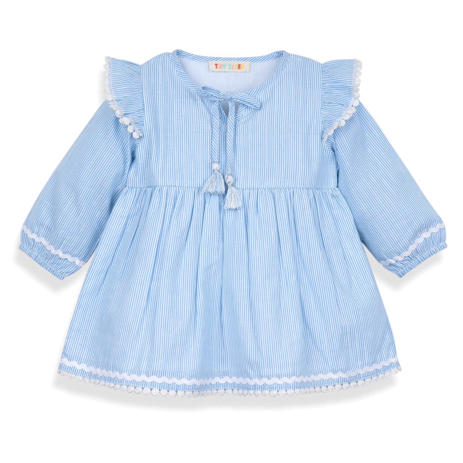 Light blue striped dress for girls with ruffled sleeves, tassel tie, and scalloped trim, featuring a playful and charming design.