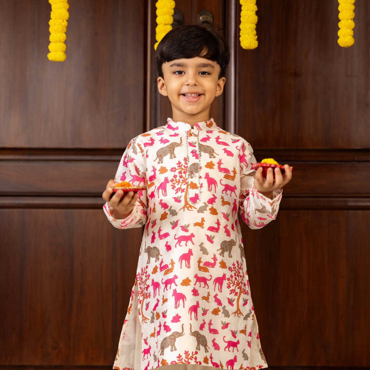 Animal Chanderi Pink Print | Kurta with Pajama Set| Festive Wear