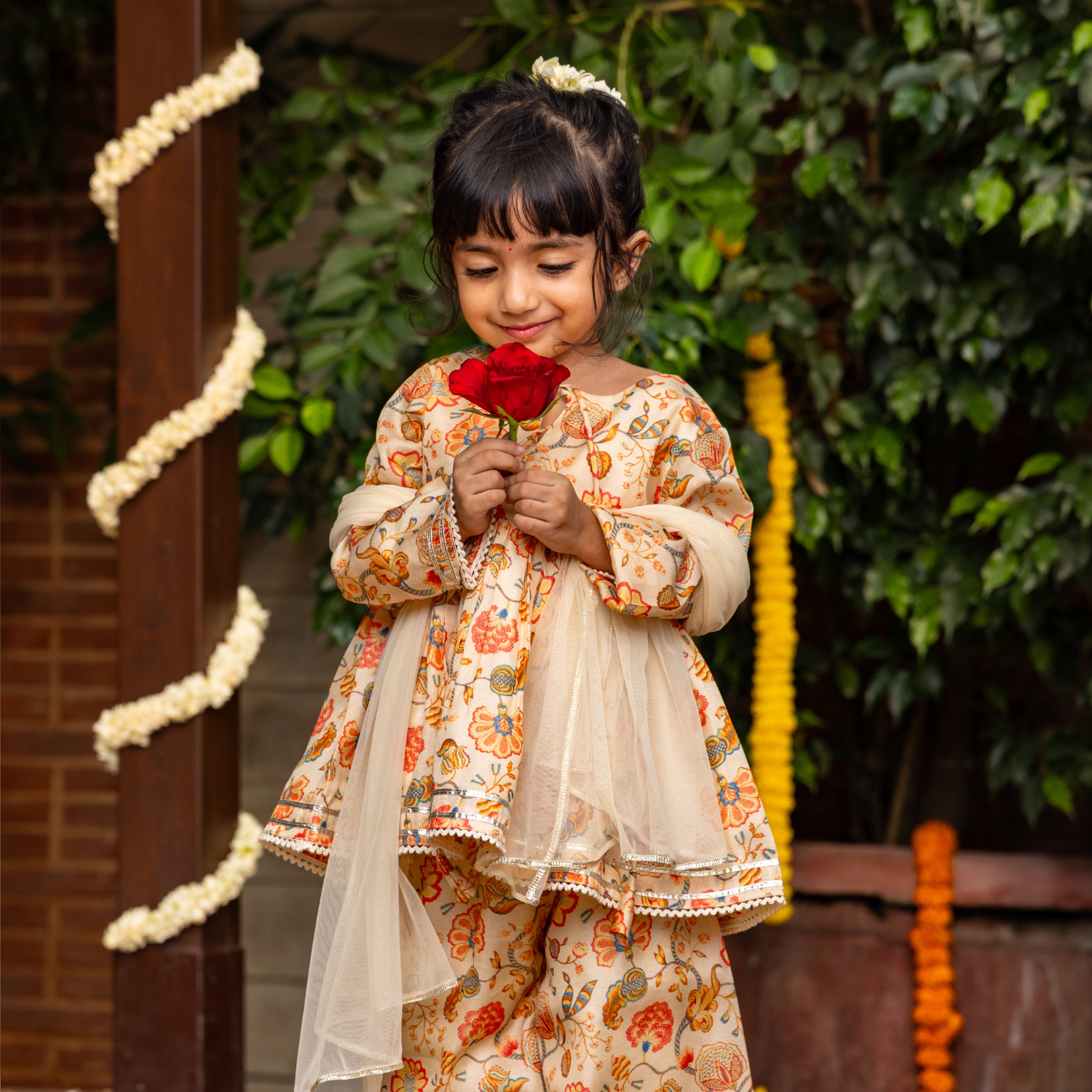 Floral Chanderi Beige Print | Frock with Sharara Set| Festive Wear