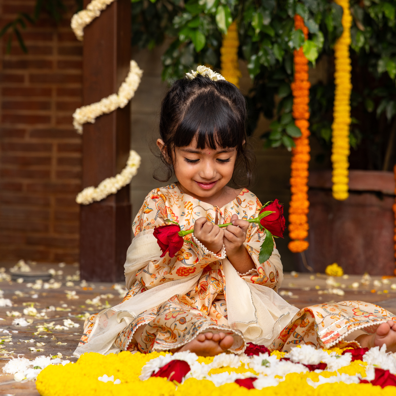 Floral Chanderi Beige Print | Frock with Sharara Set| Festive Wear