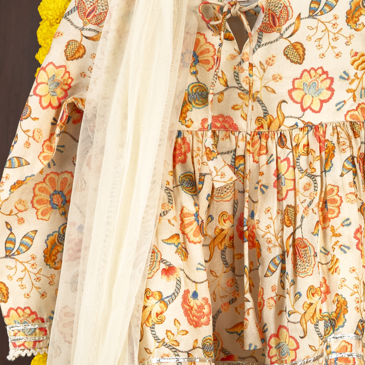 Floral Chanderi Beige Print | Frock with Sharara Set| Festive Wear