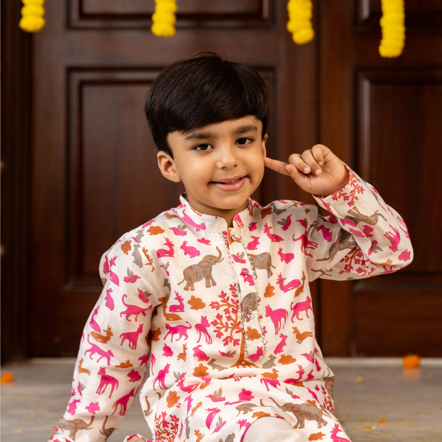 Animal Chanderi Pink Print | Kurta with Pajama Set| Festive Wear