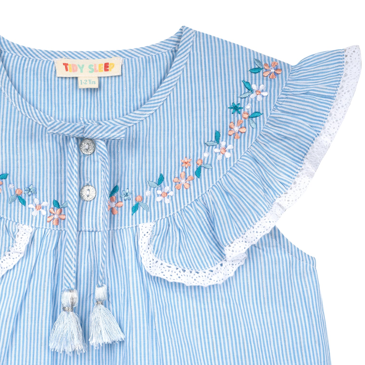 Flutter Top with Embroidered Yoke & Tassel Tie | Blue Stripes