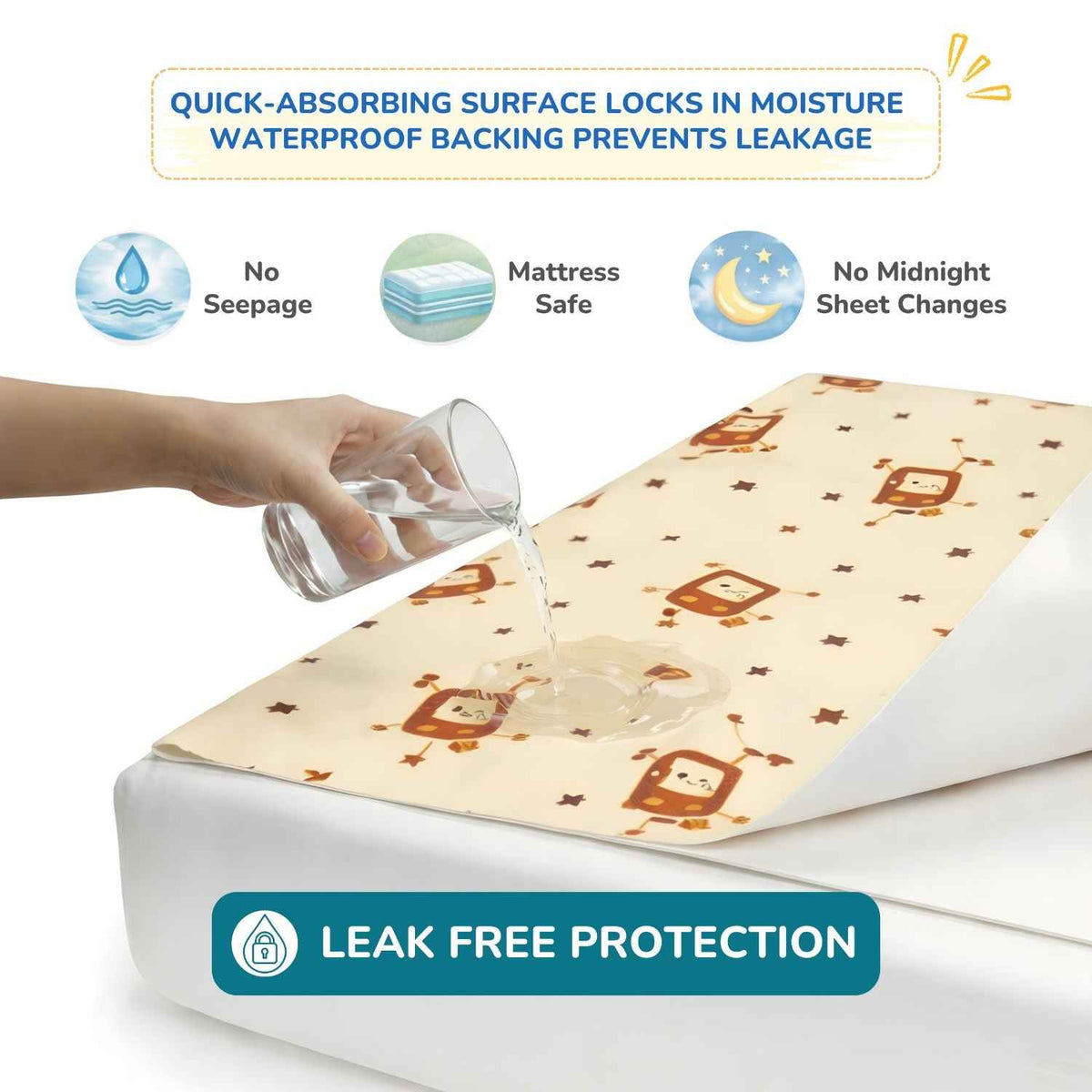A baby dry sheet with a cute cartoon bear pattern, shown on a mattress with water being poured onto it to demonstrate its leak-proof, quick-absorbing surface. The image includes text overlays and icons highlighting product features.