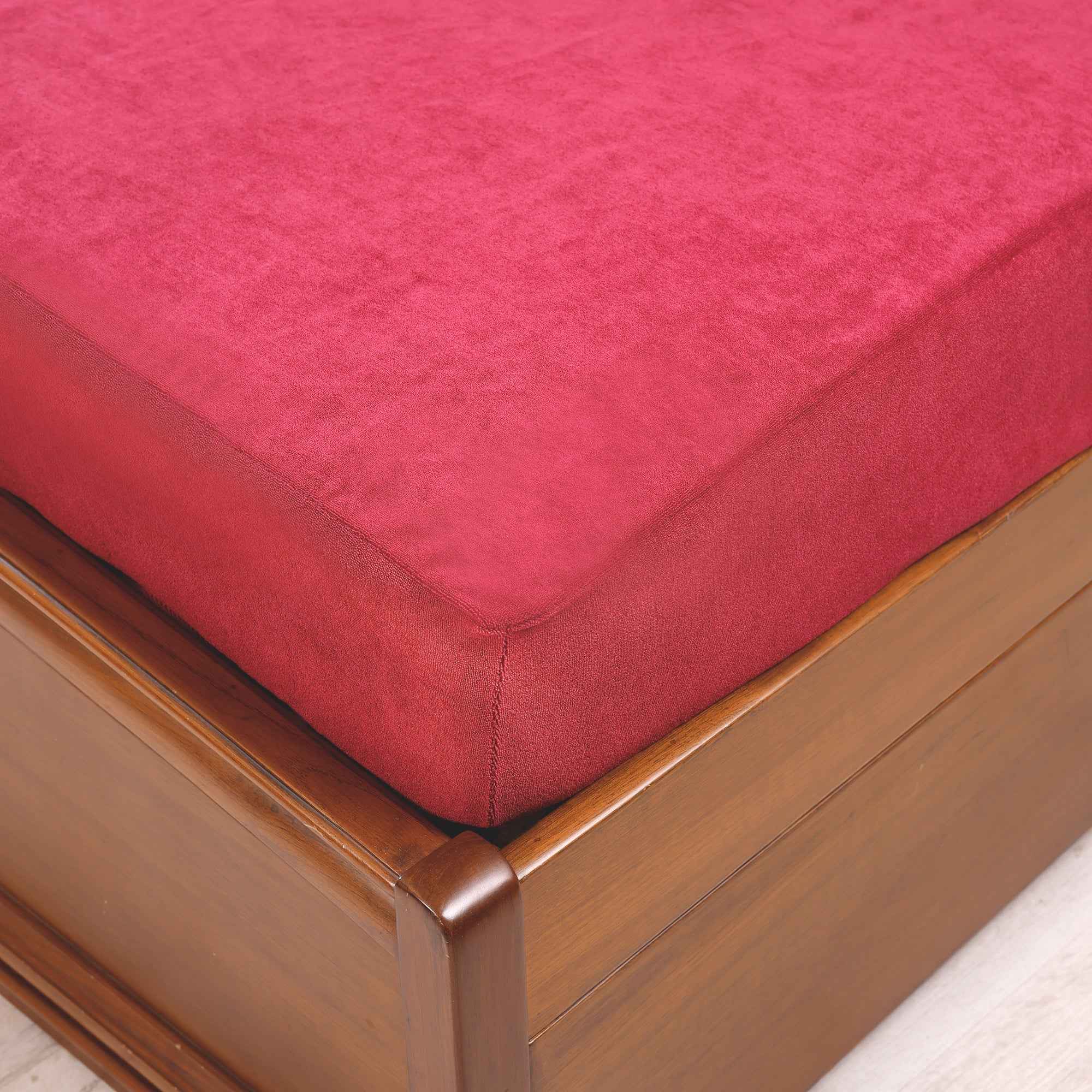 Waterproof Soft Terry Cotton Breathable Fitted Style Mattress Protector With Pillow Cover - Maroon