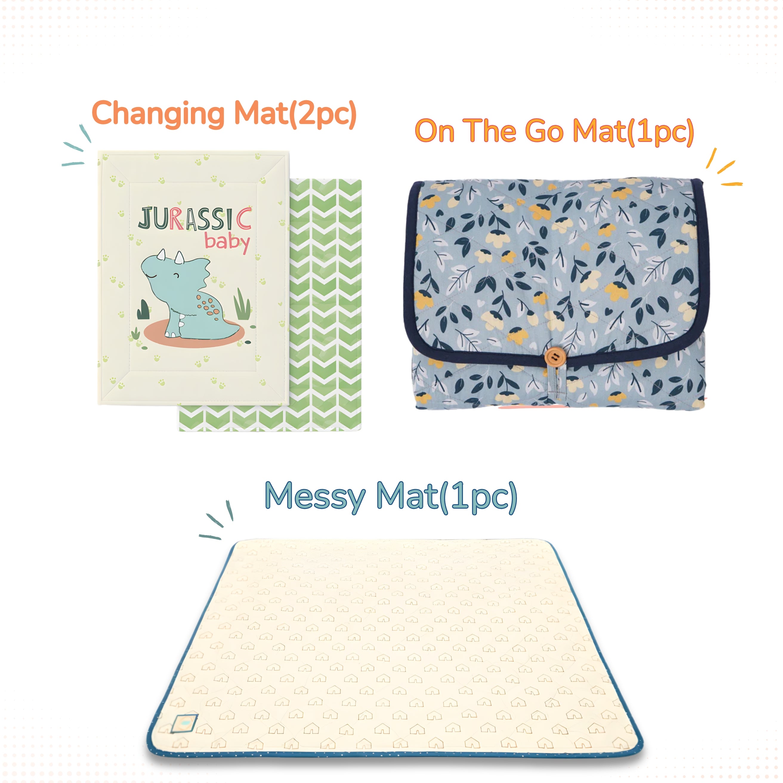 Image shows three types of baby mats. "Changing Mat" features a dinosaur design and chevron pattern. "On The Go Mat" is folded with a leaf print. "Messy Mat" is cream with small icons.