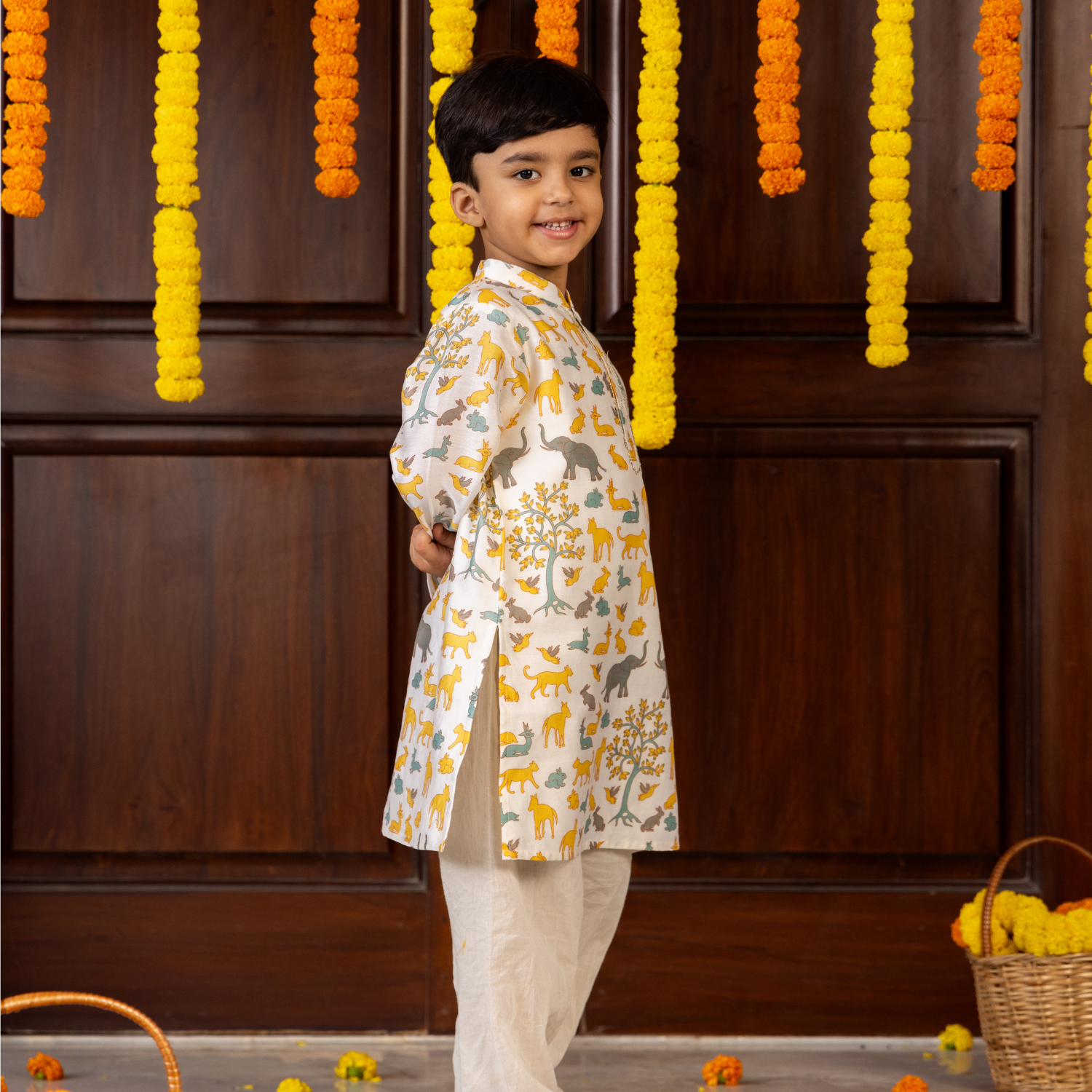 Animal Chanderi Print | Kurta with Pajama Set |Festive Wear