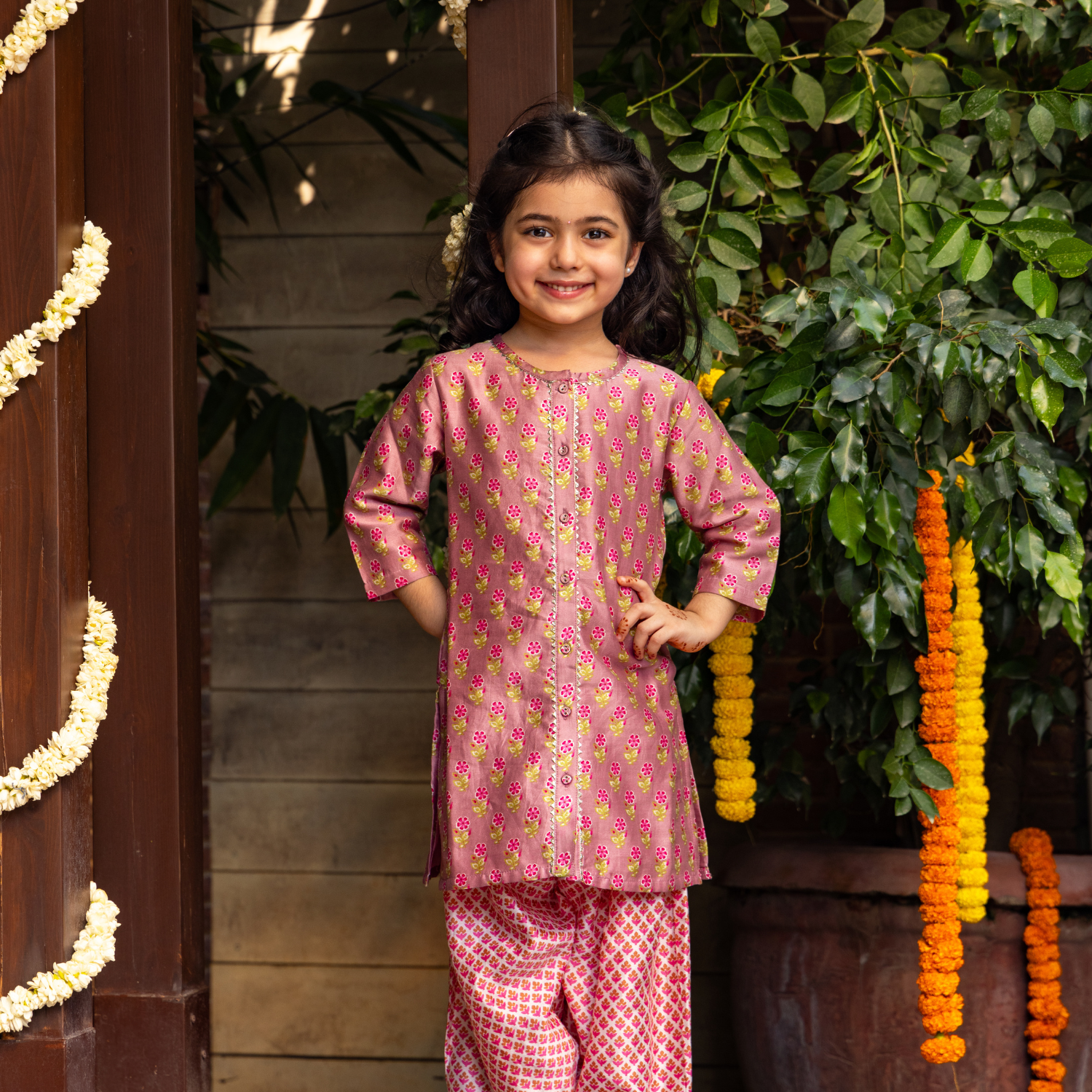Chanderi Silk Small Flower | Button Down Kurta with Salwar Set | Festive Wear