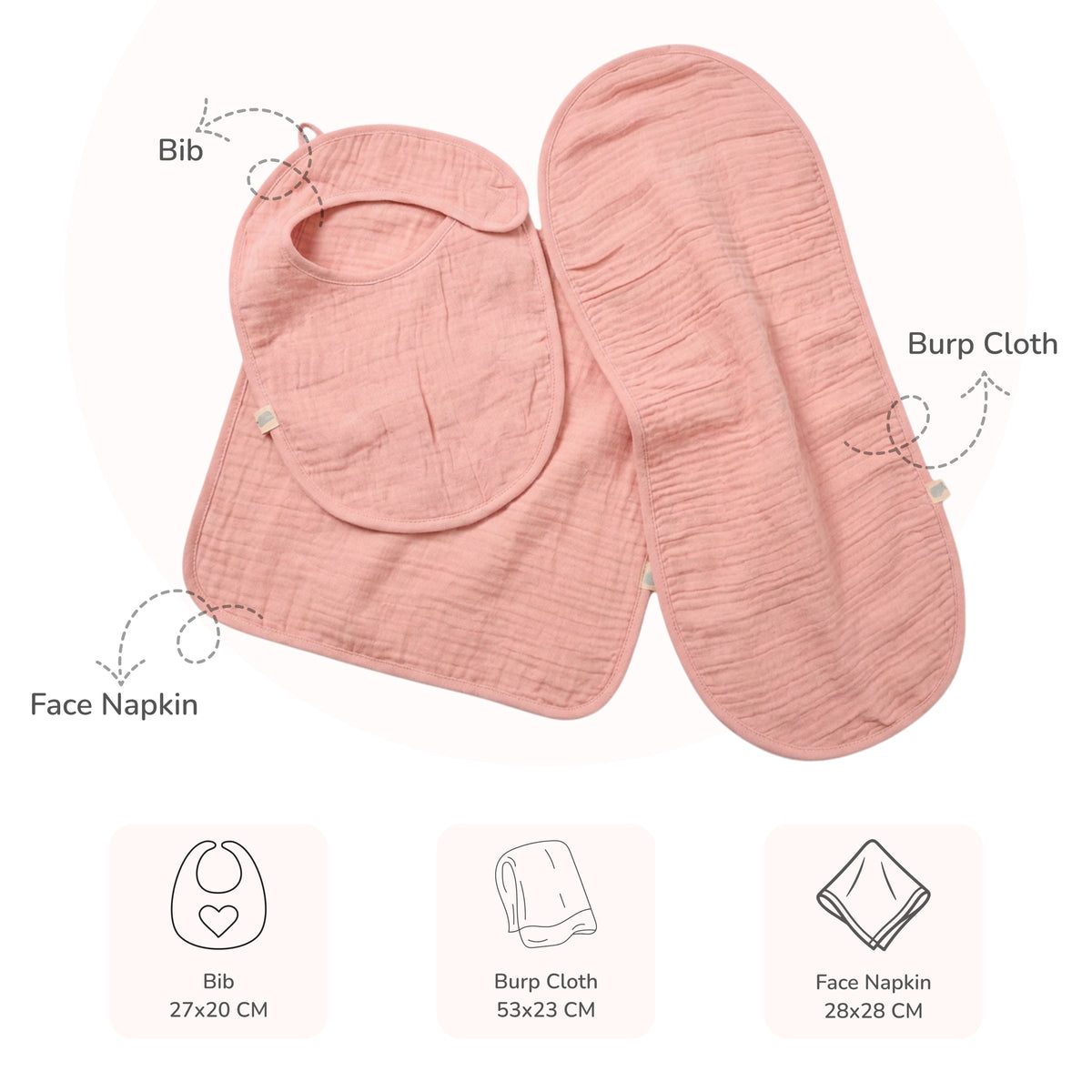 Muslin Baby Care Set of 3 - Bib, Burp Cloth & Face Napkin - Chand