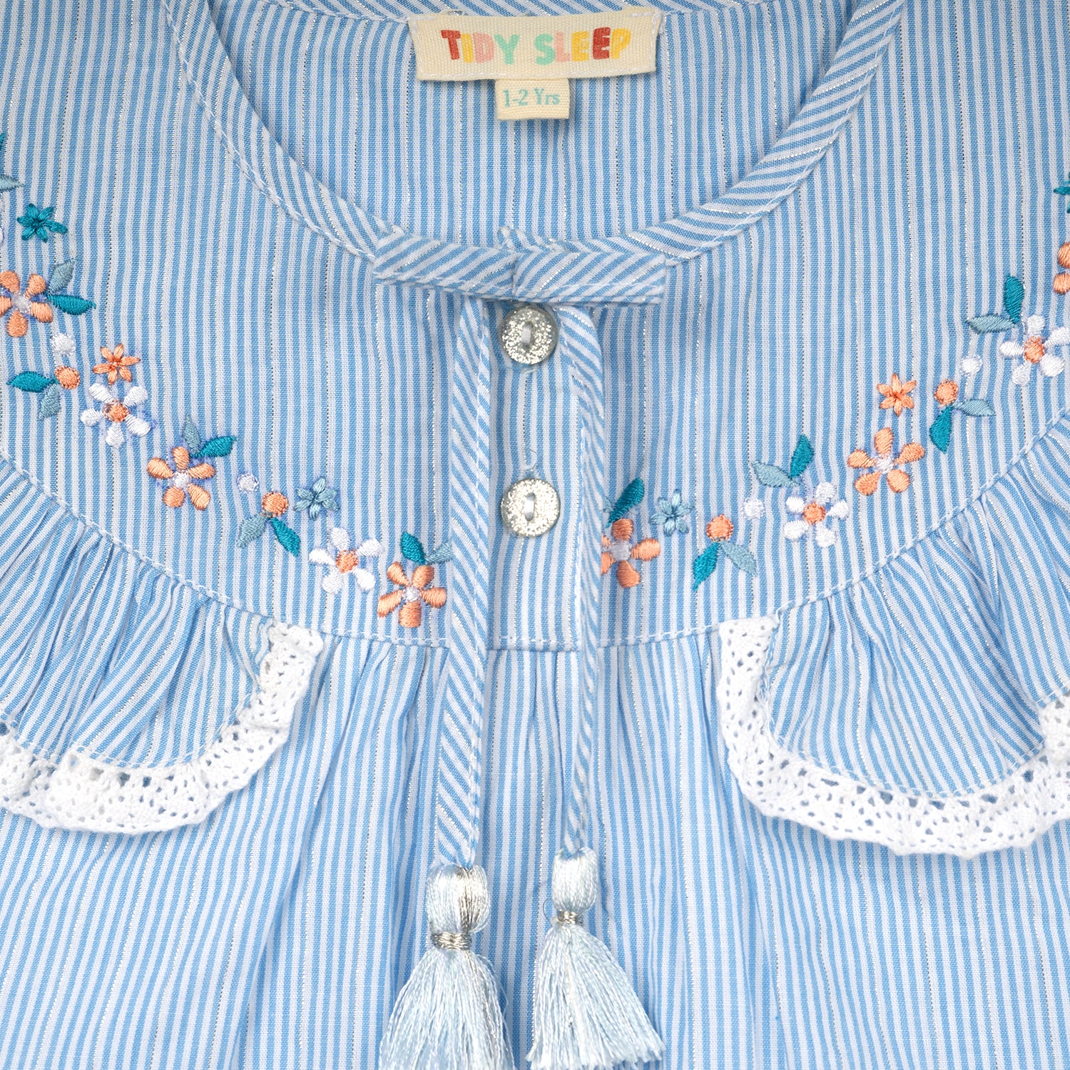 Flutter Top with Embroidered Yoke & Tassel Tie | Blue Stripes