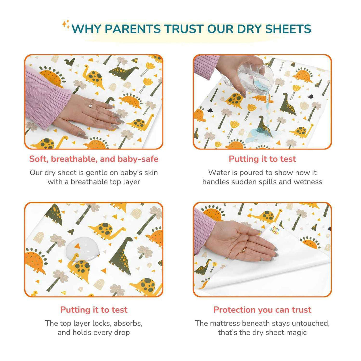 An informational marketing graphic with four panels demonstrating the benefits of a baby dry sheet. The sheet features a playful dinosaur and sun pattern in yellow, green, and orange on a white background.