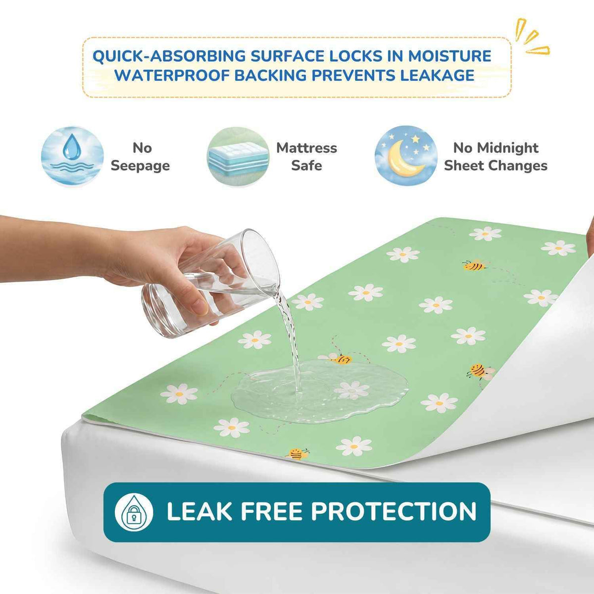 A green baby dry sheet with a white daisy and bee pattern is shown on a mattress, with water being poured from a glass onto the top surface to demonstrate its leakproof feature.