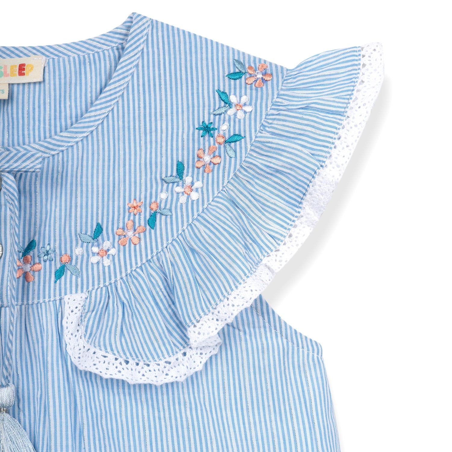 Flutter Top with Embroidered Yoke & Tassel Tie | Blue Stripes