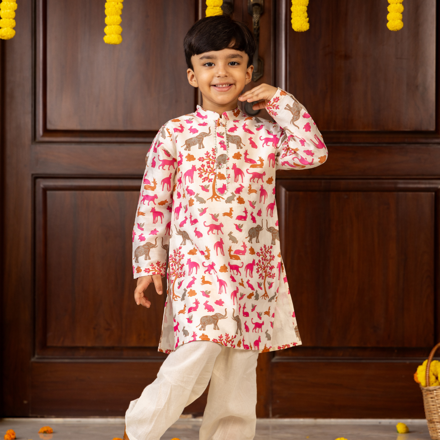 Animal Chanderi Pink Print | Kurta with Pajama Set| Festive Wear