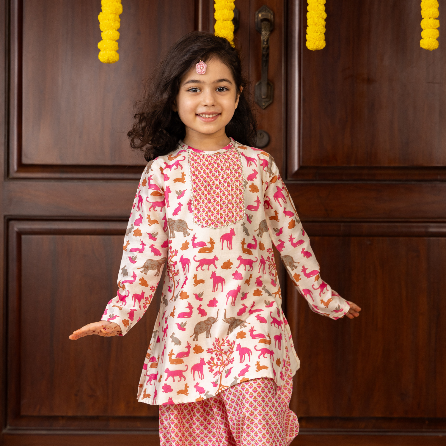 Animal Chanderi Pink Print | Kurta with Salwar Set| Festive Wear
