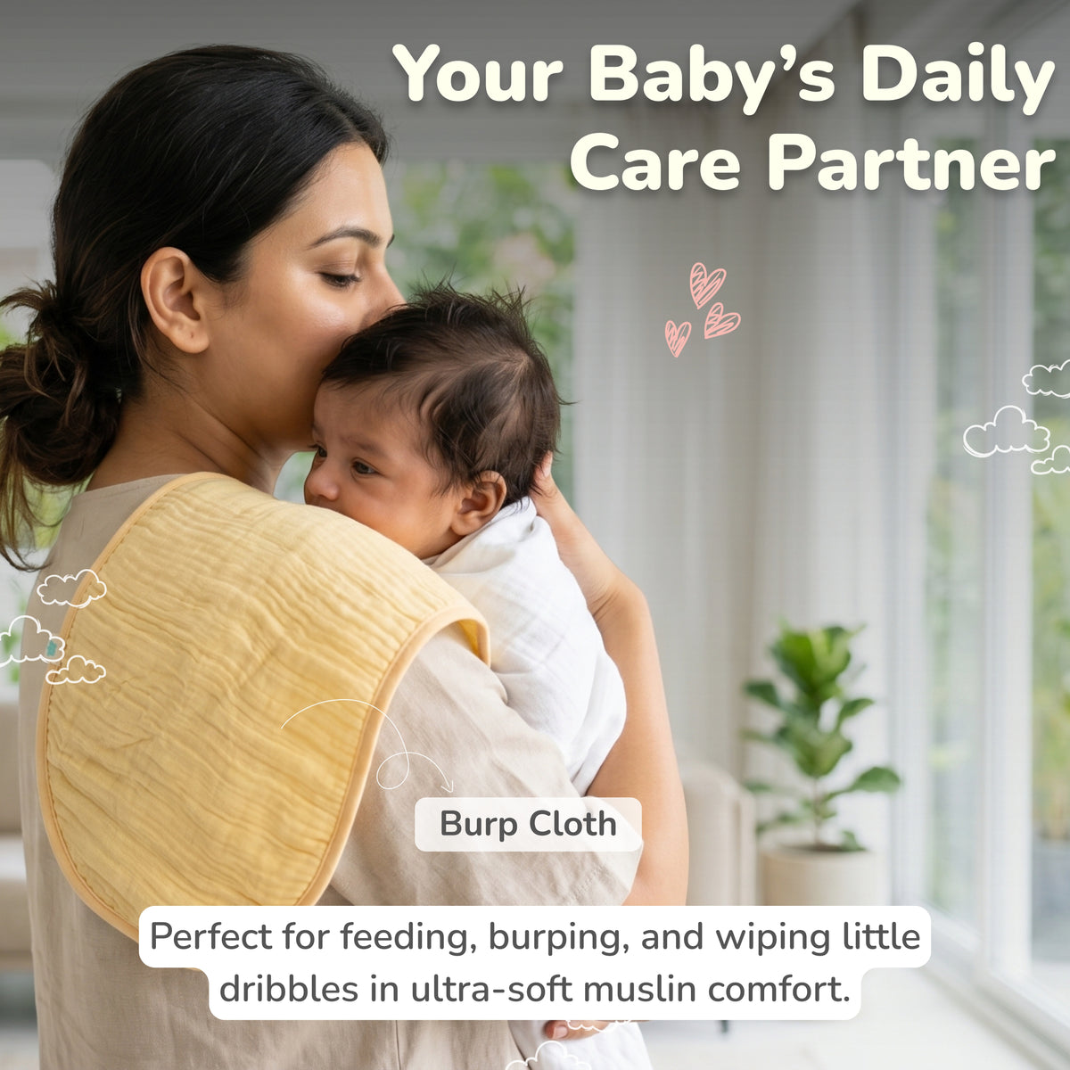 Muslin Baby Care Set of 3 - Bib, Burp Cloth & Face Napkin - Suraj