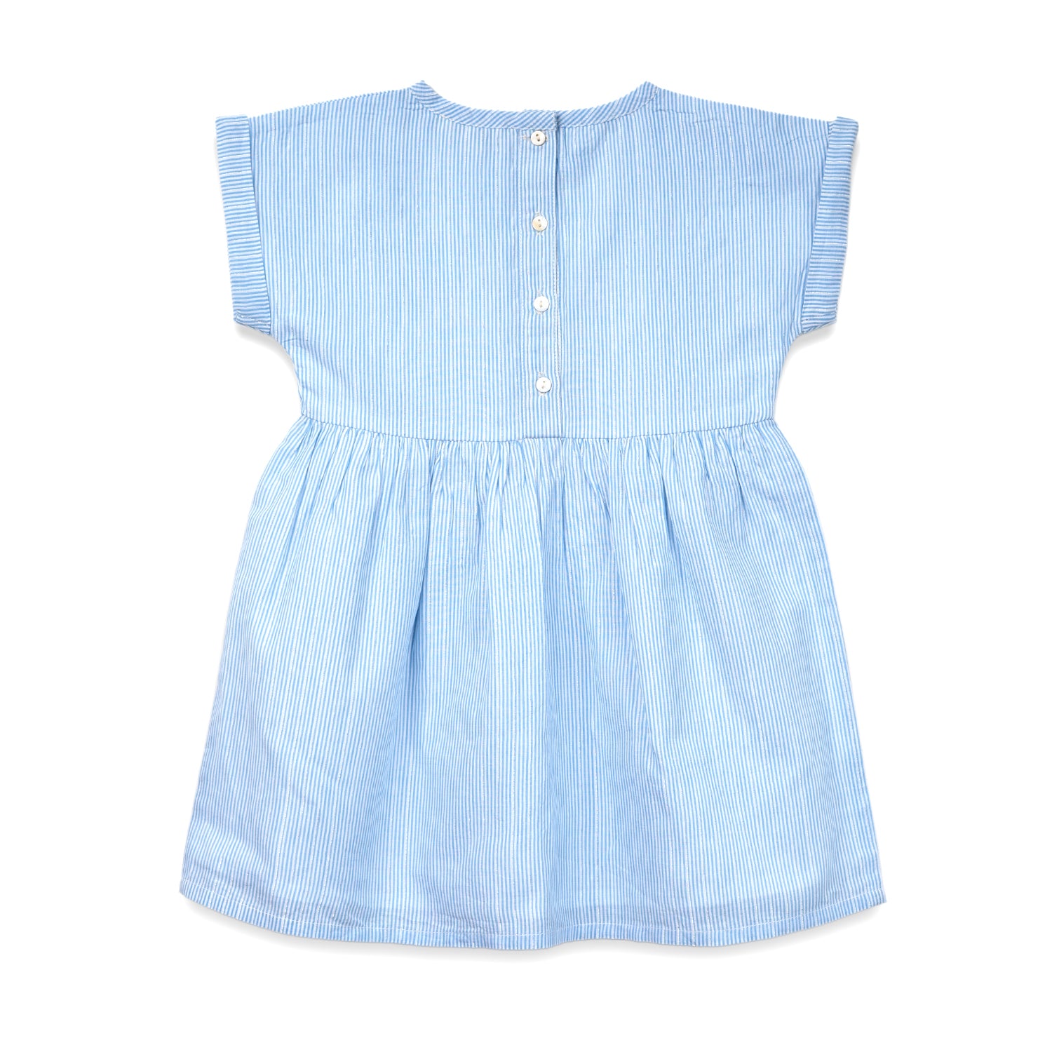 Light blue striped button frock with short sleeves, featuring floral embroidery and a scalloped hem, perfect for a casual look.