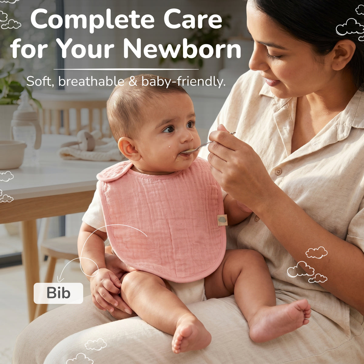 Muslin Baby Care Set of 3 - Bib, Burp Cloth & Face Napkin - Chand
