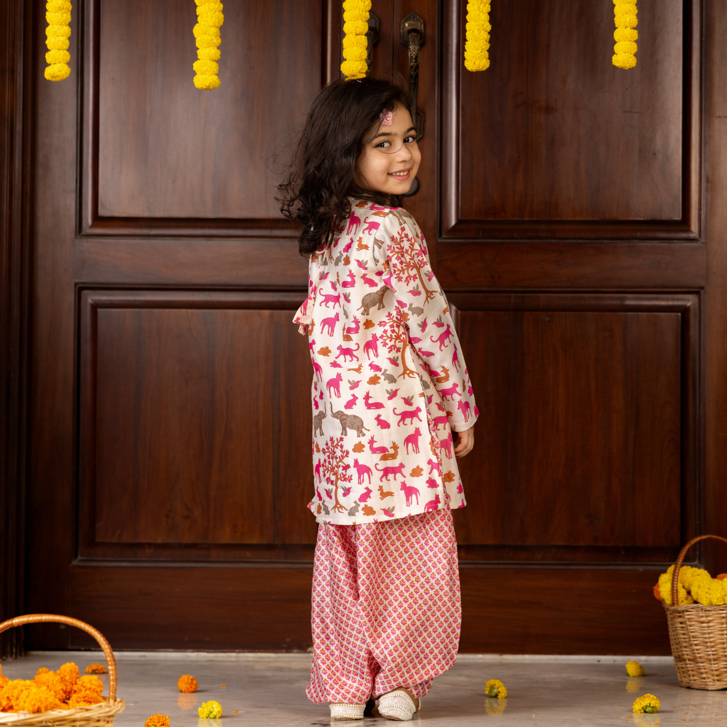 Animal Chanderi Pink Print | Kurta with Salwar Set| Festive Wear