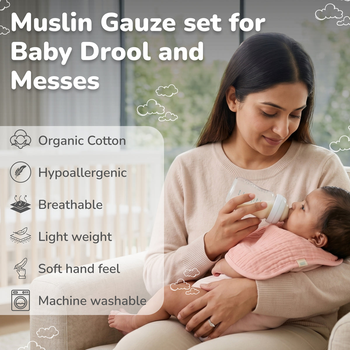 Muslin Baby Care Set of 3 - Bib, Burp Cloth & Face Napkin - Chand