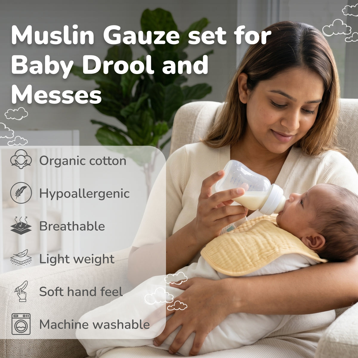 Muslin Baby Care Set of 3 - Bib, Burp Cloth & Face Napkin - Suraj