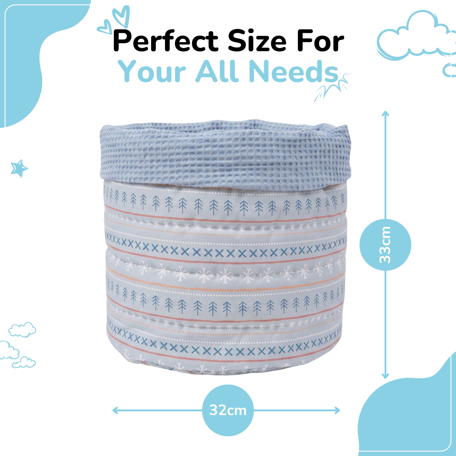 A cylindrical fabric storage basket with a waffle-weave top and a patterned body in light blue, white, and pink, shown with dimension labels indicating 32cm width and 33cm height on a white background with decorative blue graphics.