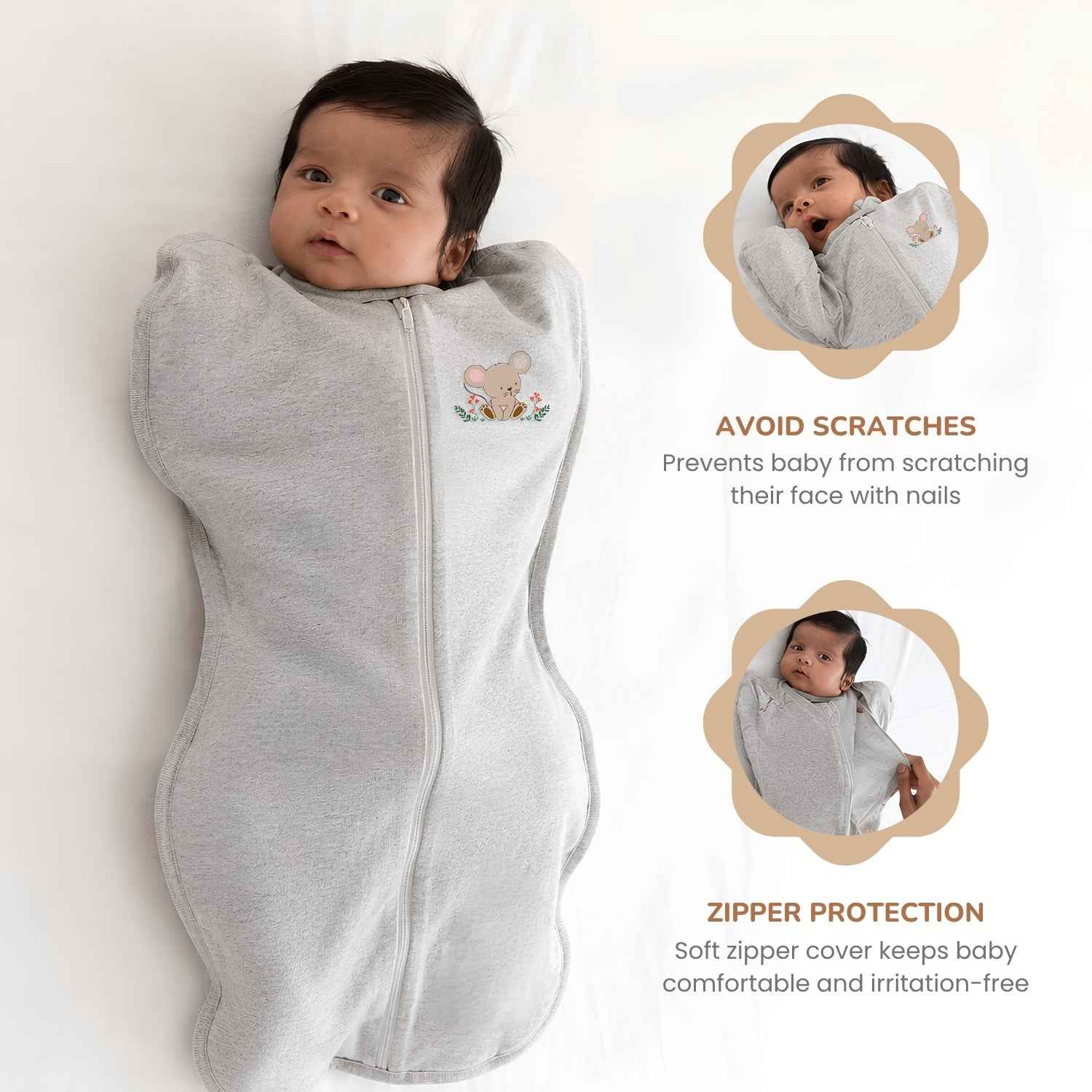 A baby swaddled in a light grey arms-up cotton jersey swaddle with a zipper, shown on a white background with two inset photos demonstrating product features: a face-protecting zipper cover and a scratch-prevention design.