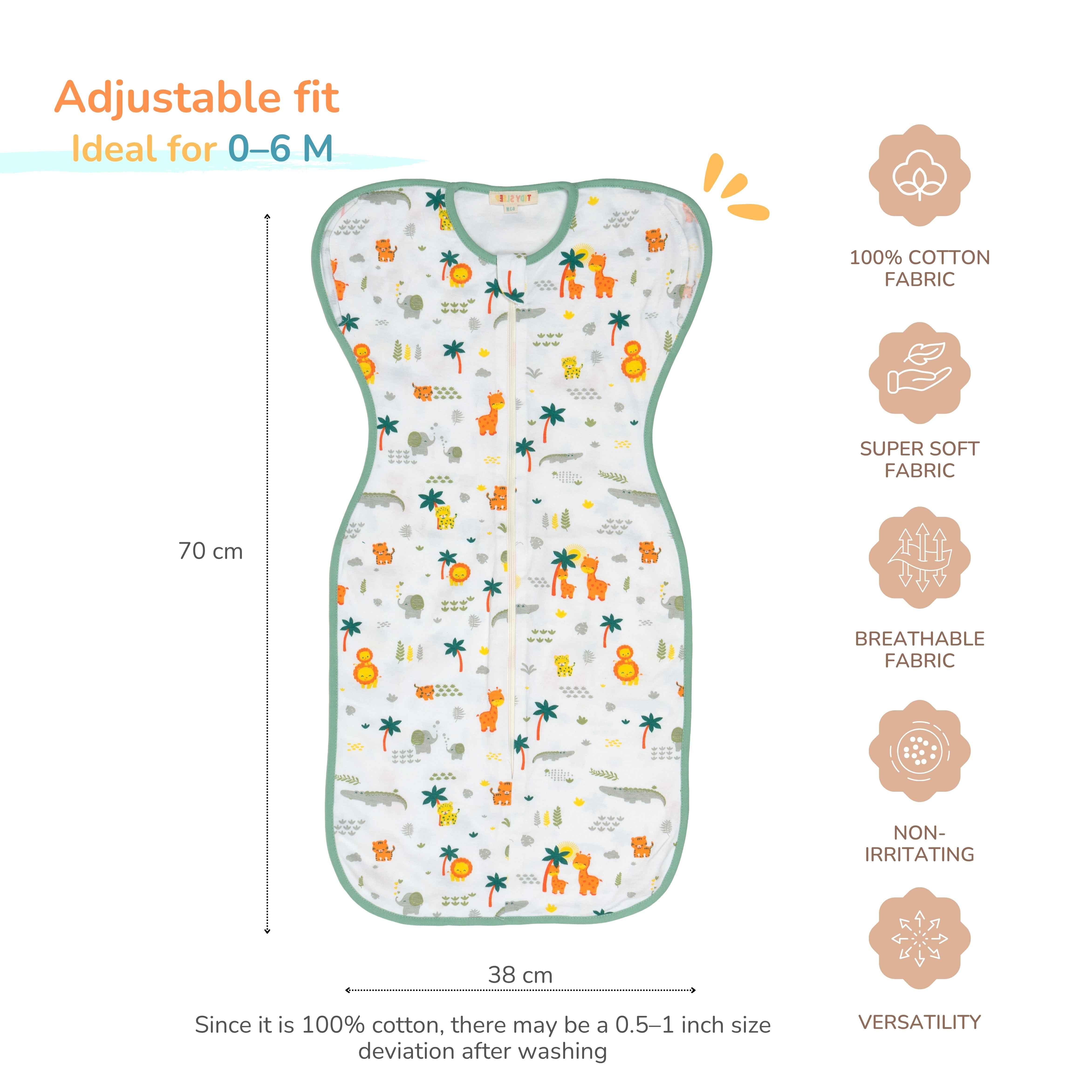 A adjustable jungle safari print baby swaddle blanket shown on a white background with measurement lines indicating 70 cm height and 38 cm width. Text on the left says 'Adjustable fit Ideal for 0-6 M' and a column of pink icons on the right lists its features.